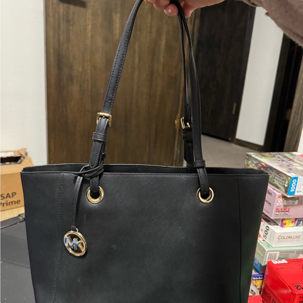Michael Kors Black Leather Tote with Gold Accents